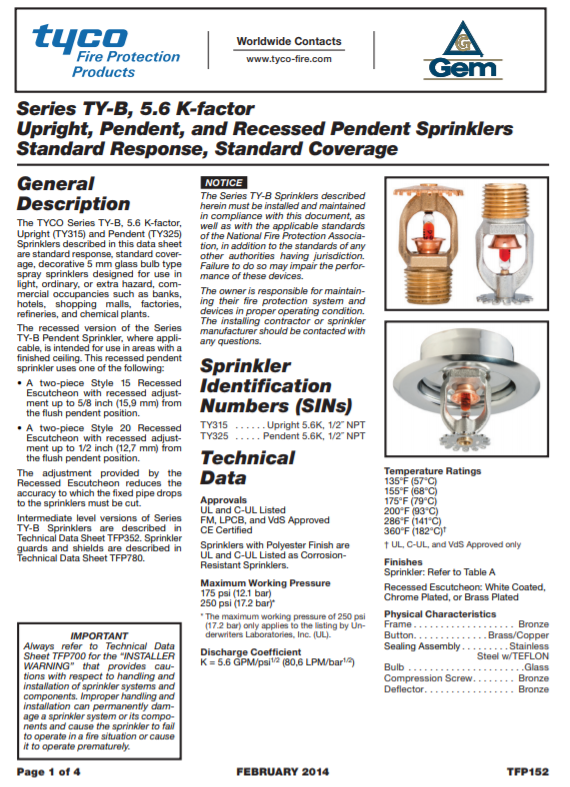 หัวสปริงเกอร์ดับเพลิง TYCO TY-B แบบ UPRIGHT (หัวฉีดขึ้น)