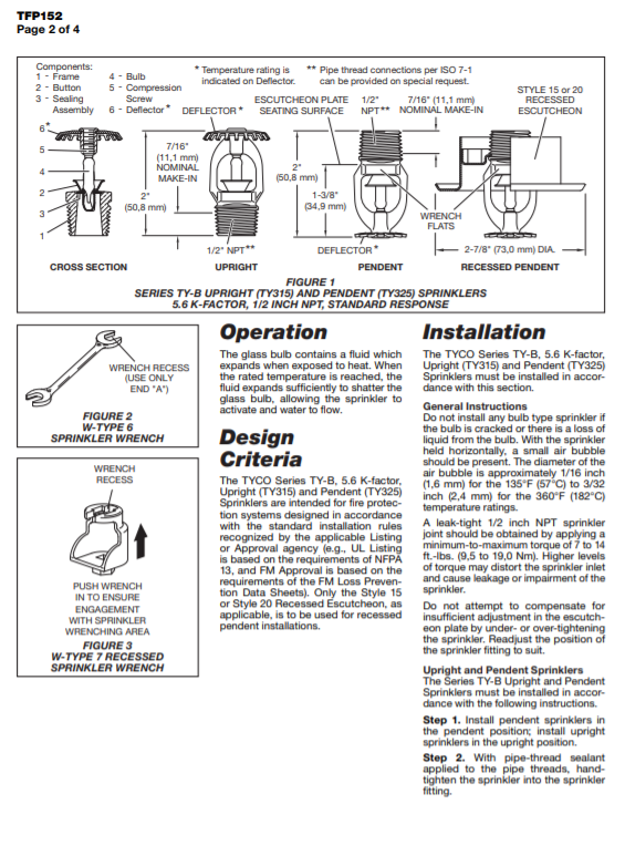 หัวสปริงเกอร์ดับเพลิง TYCO TY-B แบบ UPRIGHT (หัวฉีดขึ้น)