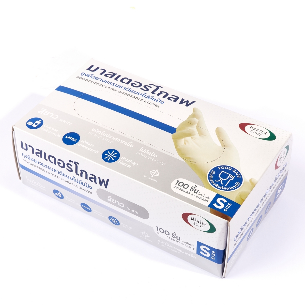MASTER GLOVE ถุงมือยางธรรมชาติ LATEX 100% ไม่มีแป้ง ไซส์ S สีขาว ชนิดหนาพิเศษ ขนาด 5 กรัม ป้องกันสารเคมีและน้ำมันได้ดี ผ่านการรับรองการสัมผัสอาหาร บรรจุ 50 คู่/กล่อง (มาสเตอร์โกลฟ)