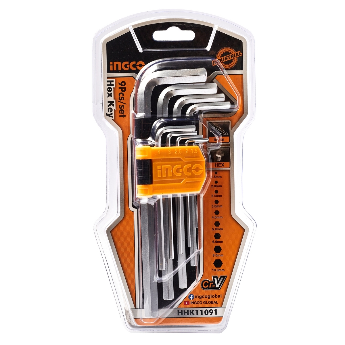 INGCO ชุดประแจแอลหกเหลี่ยม 9 ชิ้น รุ่น HHK11091 ขนาด 1.5-10 มิลลิเมตร ผลิตจากวัสดุ CR-V