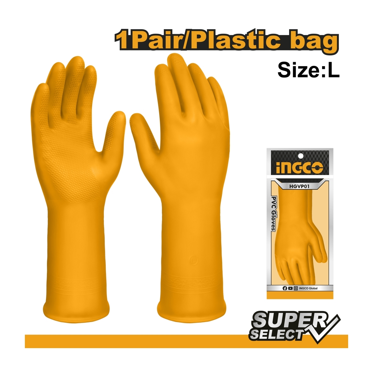 INGCO ถุงมือยางพีวีซี ไซส์ L รุ่น HGVP01 ขนาดความยาว 32 ซม. ผลิตจากวัสดุ PVC คุณภาพสูง