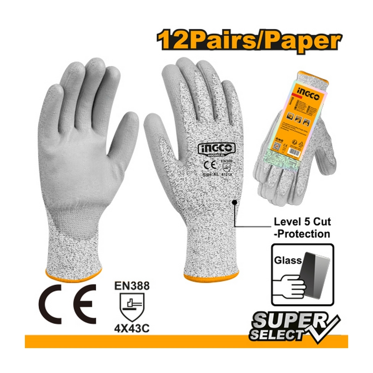 INGCO ถุงมือเซฟตี้ ไซส์ XL รุ่น HGCG02 เคลือบวัสดุ PU กันบาด เหมาะสำหรับตัดไม้,ตัดกระจก, ป้องกันของมีคมต่างๆ (อิงโก้)